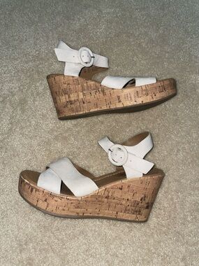 Seven Dials White Cork Wedge Sandals with Ankle Buckle